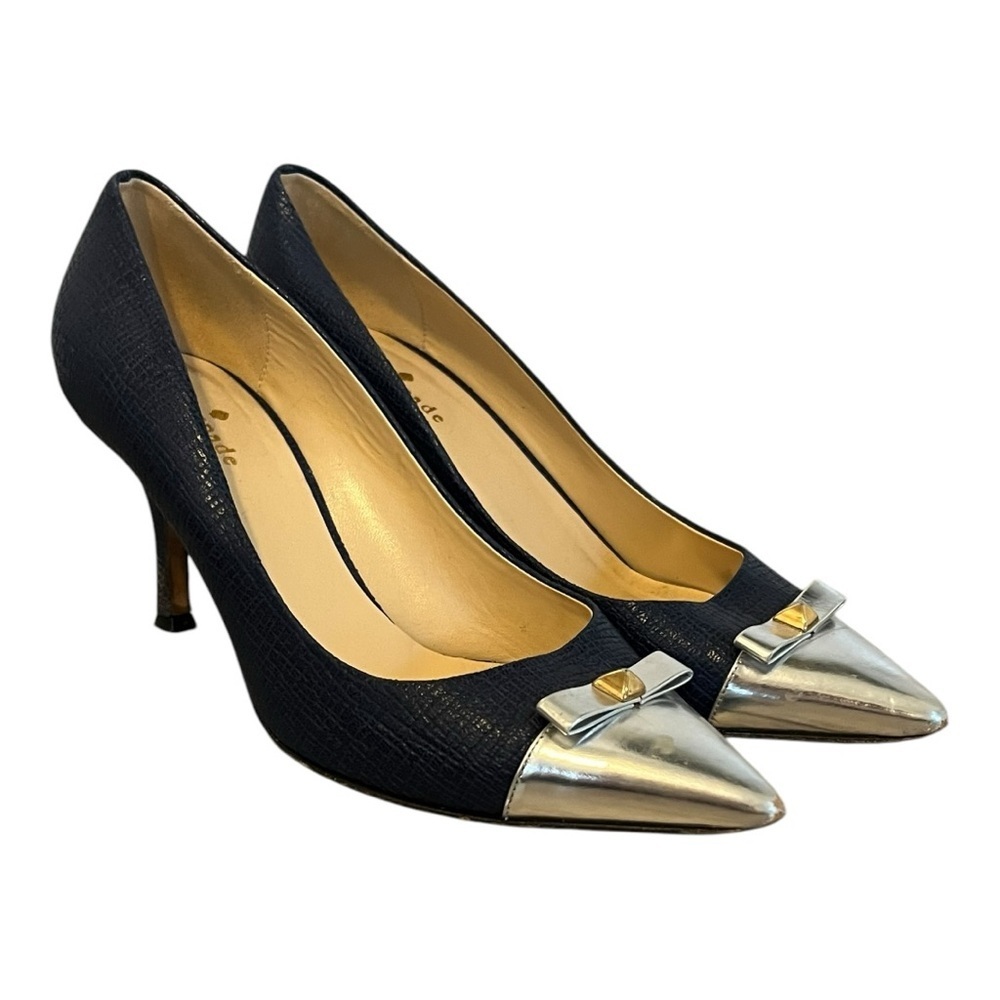 kate spade Black Pumps with Silver Pointed Toe & Bow Accent